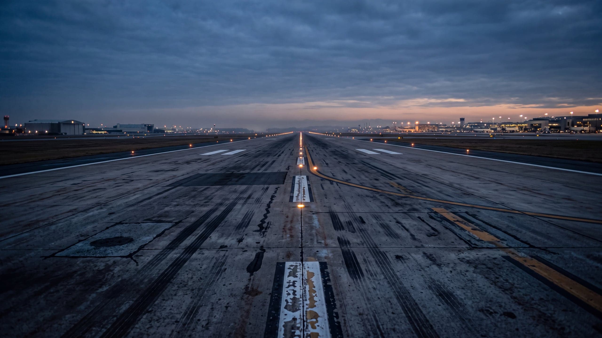 A runway at dusk, its edge and centreline lights receding into haze toward a distant horizon