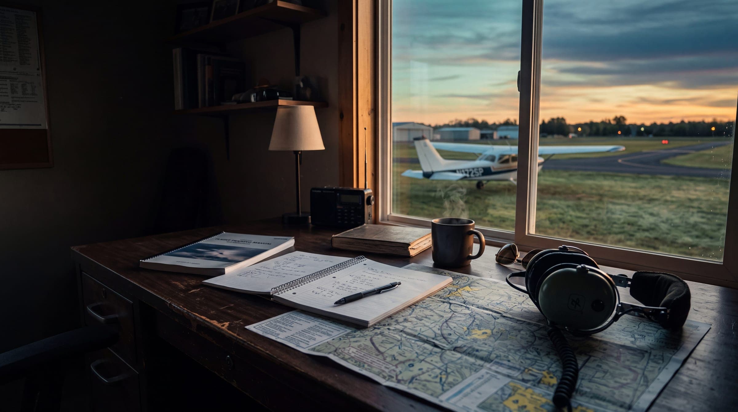 A student pilot's desk at dawn — a VFR sectional chart, an aviation headset, and a study guide, with a Cessna on a grass airfield through the window