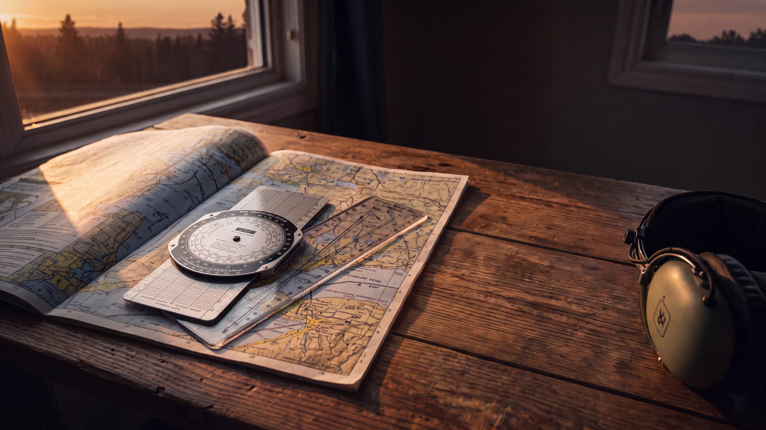 A student pilot's flight-planning desk at dawn — a VFR sectional chart, a circular E6B flight computer, a navigation plotter and a notepad of headings, with low golden light through the window